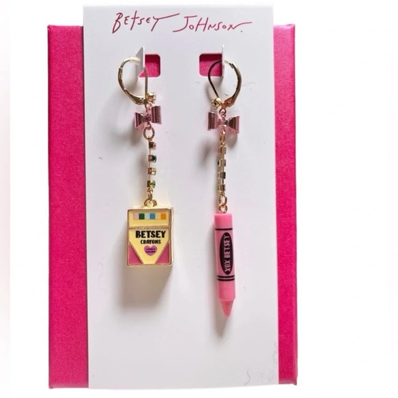 BETSEY JOHNSON Mismatched Crayon Box & Single Crayon Dangle Earrings NEW NWT - Picture 1 of 5